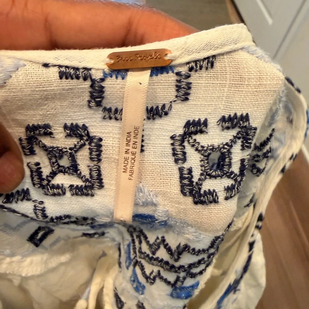 Free People White Peasant crop Top with Blue Embroidered Yoke - Picture 2 of 2